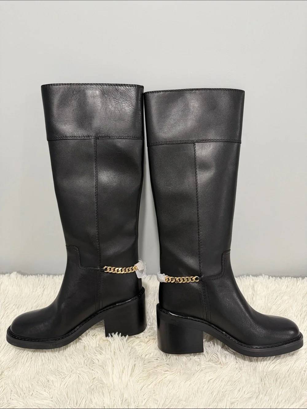 MICHAEL Michael Kors Black Leather Over-the-Knee Boots with Gold Chain Accent